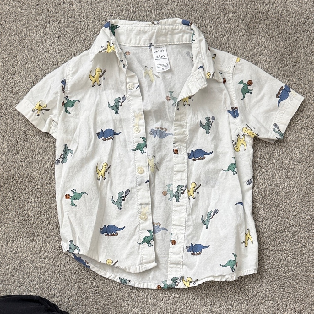 Carter's White Short-Sleeve Button-Up Shirt with Multicolor Dino Print
